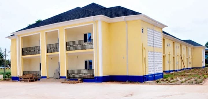 Hostel seen from the road. The completed block and its neighbours from the approach road.